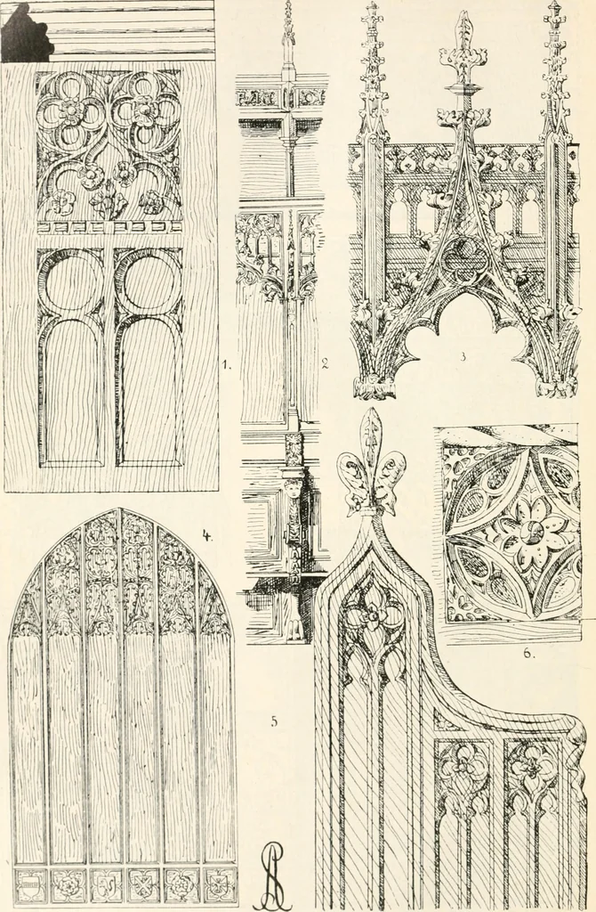 An illustration from Styles of ornament, exhibited in designs, and arranged in historical order, with descriptive text. A handbook for architects, designers, painters, sculptors, wood-carvers, chasers, modellers, cabinet-makers and artistic locksmiths as well as also for technical schools, libraries and private study, 1910, leaf 279