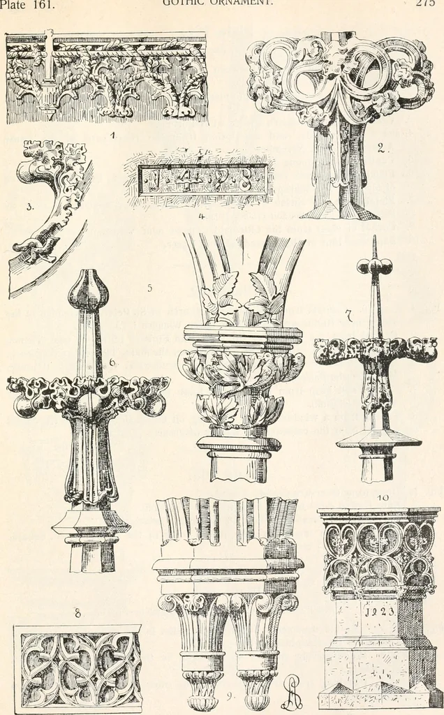 An illustration from Styles of ornament, exhibited in designs, and arranged in historical order, with descriptive text. A handbook for architects, designers, painters, sculptors, wood-carvers, chasers, modellers, cabinet-makers and artistic locksmiths as well as also for technical schools, libraries and private study, 1910, leaf 286