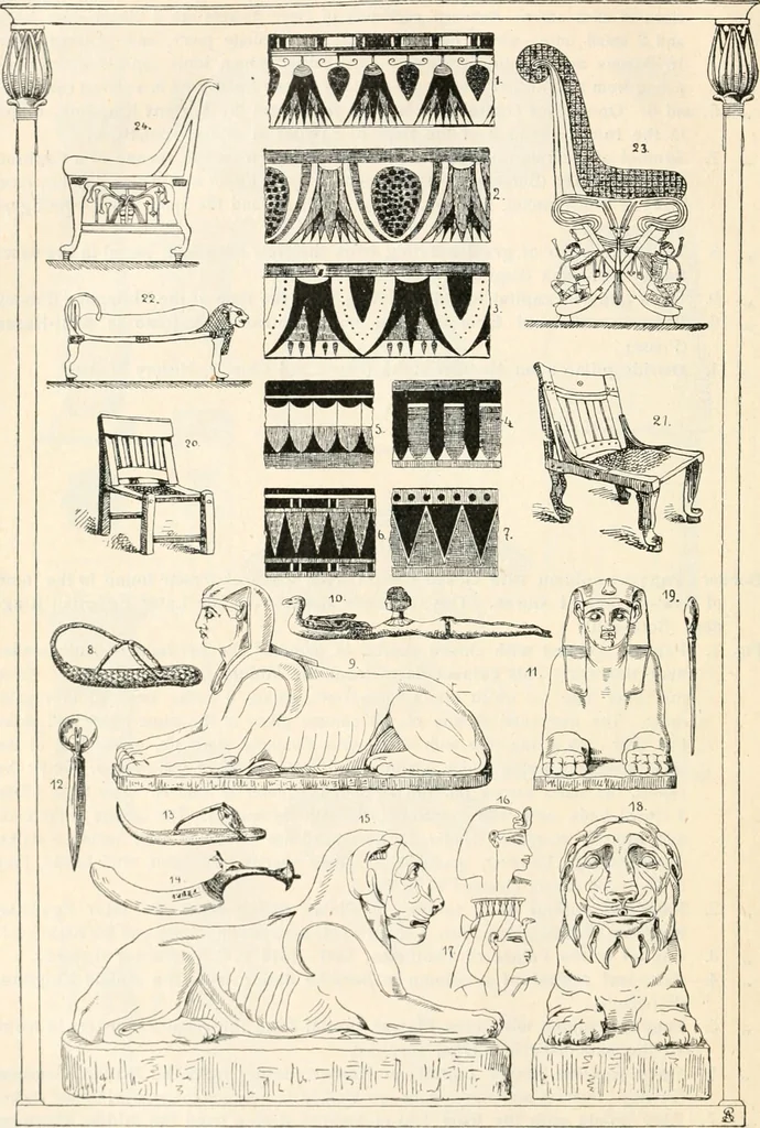 An illustration from Styles of ornament, exhibited in designs, and arranged in historical order, with descriptive text. A handbook for architects, designers, painters, sculptors, wood-carvers, chasers, modellers, cabinet-makers and artistic locksmiths as well as also for technical schools, libraries and private study, 1910, leaf 29