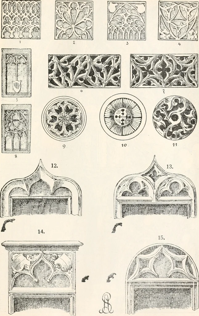 An illustration from Styles of ornament, exhibited in designs, and arranged in historical order, with descriptive text. A handbook for architects, designers, painters, sculptors, wood-carvers, chasers, modellers, cabinet-makers and artistic locksmiths as well as also for technical schools, libraries and private study, 1910, leaf 290
