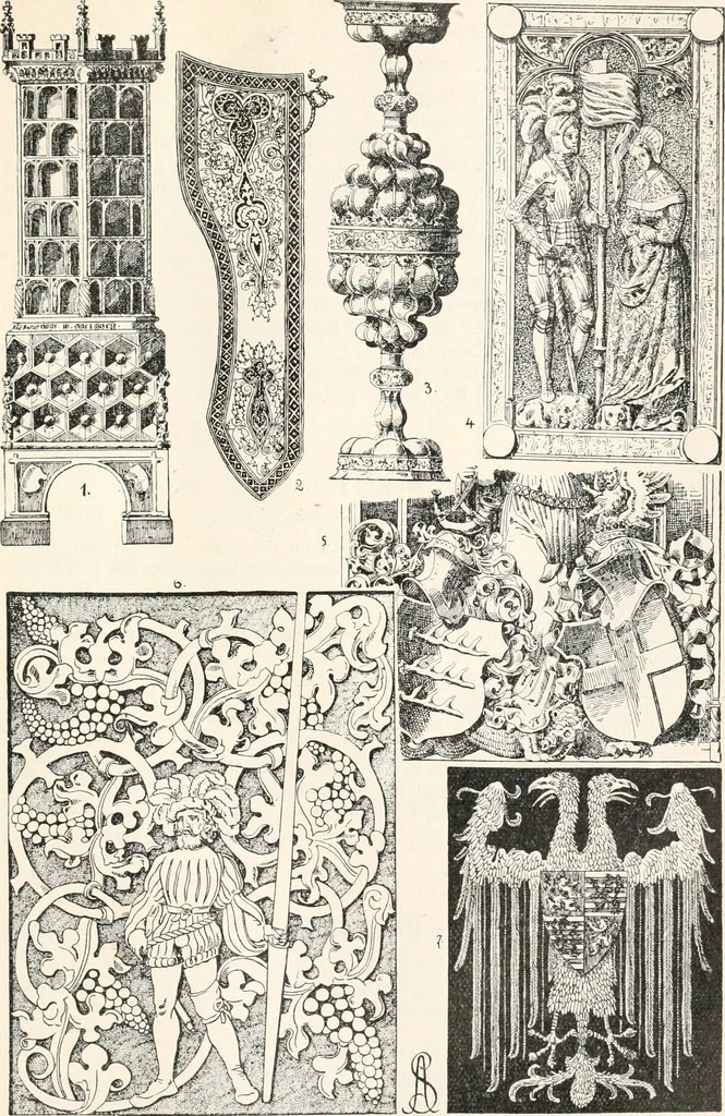 An illustration from Styles of ornament, exhibited in designs, and arranged in historical order, with descriptive text. A handbook for architects, designers, painters, sculptors, wood-carvers, chasers, modellers, cabinet-makers and artistic locksmiths as well as also for technical schools, libraries and private study, 1910, leaf 294