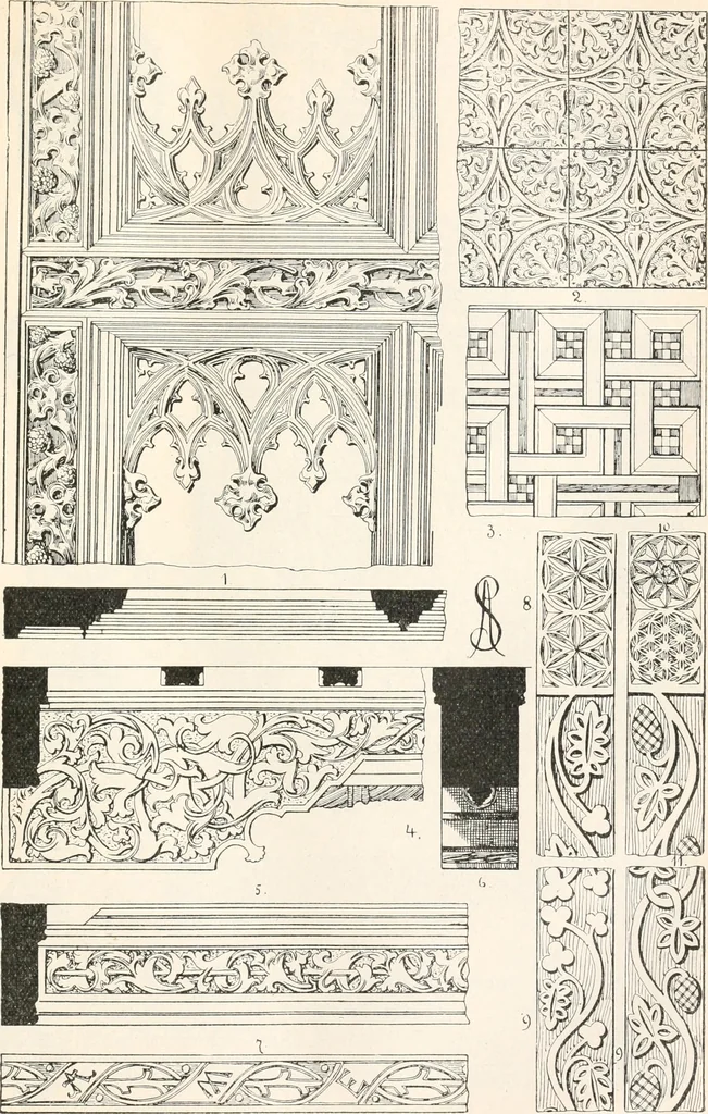 An illustration from Styles of ornament, exhibited in designs, and arranged in historical order, with descriptive text. A handbook for architects, designers, painters, sculptors, wood-carvers, chasers, modellers, cabinet-makers and artistic locksmiths as well as also for technical schools, libraries and private study, 1910, leaf 296