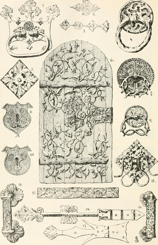 An illustration from Styles of ornament, exhibited in designs, and arranged in historical order, with descriptive text. A handbook for architects, designers, painters, sculptors, wood-carvers, chasers, modellers, cabinet-makers and artistic locksmiths as well as also for technical schools, libraries and private study, 1910, leaf 297