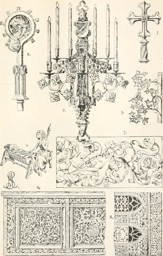 An illustration from Styles of ornament, exhibited in designs, and arranged in historical order, with descriptive text. A handbook for architects, designers, painters, sculptors, wood-carvers, chasers, modellers, cabinet-makers and artistic locksmiths as well as also for technical schools, libraries and private study, 1910, leaf 298