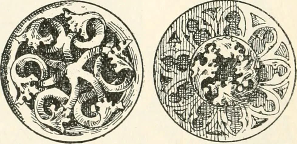 An illustration from Styles of ornament, exhibited in designs, and arranged in historical order, with descriptive text. A handbook for architects, designers, painters, sculptors, wood-carvers, chasers, modellers, cabinet-makers and artistic locksmiths as well as also for technical schools, libraries and private study, 1910, leaf 299