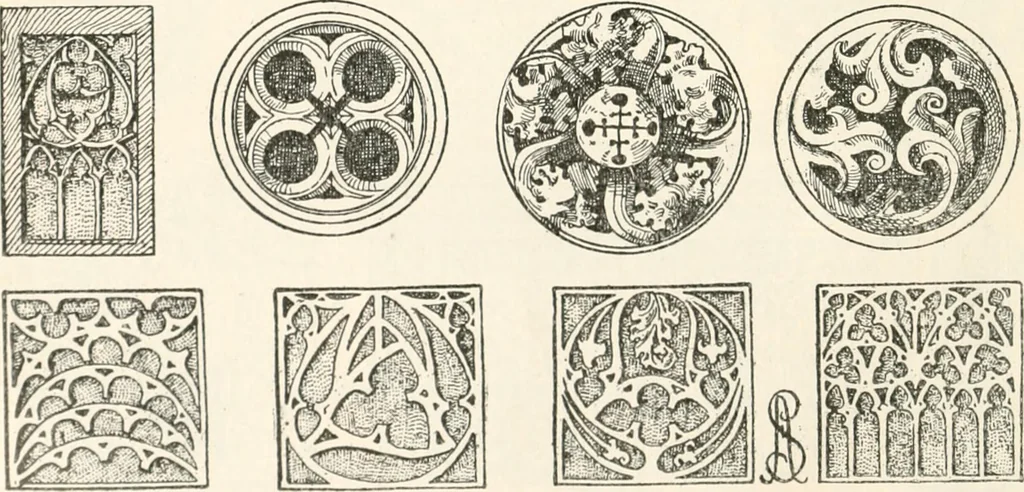 An illustration from Styles of ornament, exhibited in designs, and arranged in historical order, with descriptive text. A handbook for architects, designers, painters, sculptors, wood-carvers, chasers, modellers, cabinet-makers and artistic locksmiths as well as also for technical schools, libraries and private study, 1910, leaf 299