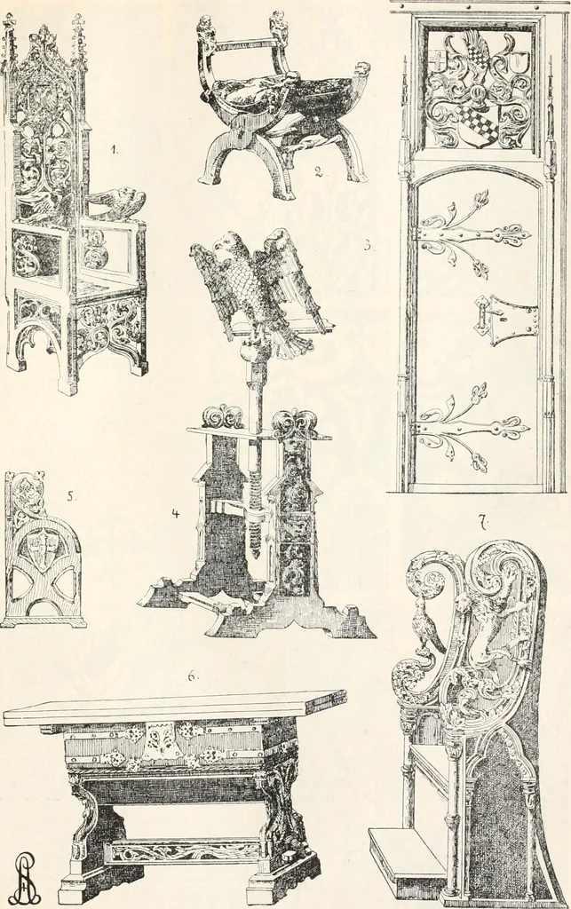An illustration from Styles of ornament, exhibited in designs, and arranged in historical order, with descriptive text. A handbook for architects, designers, painters, sculptors, wood-carvers, chasers, modellers, cabinet-makers and artistic locksmiths as well as also for technical schools, libraries and private study, 1910, leaf 300