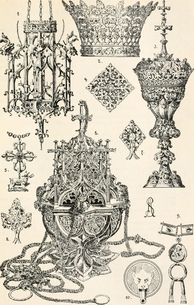 An illustration from Styles of ornament, exhibited in designs, and arranged in historical order, with descriptive text. A handbook for architects, designers, painters, sculptors, wood-carvers, chasers, modellers, cabinet-makers and artistic locksmiths as well as also for technical schools, libraries and private study, 1910, leaf 302
