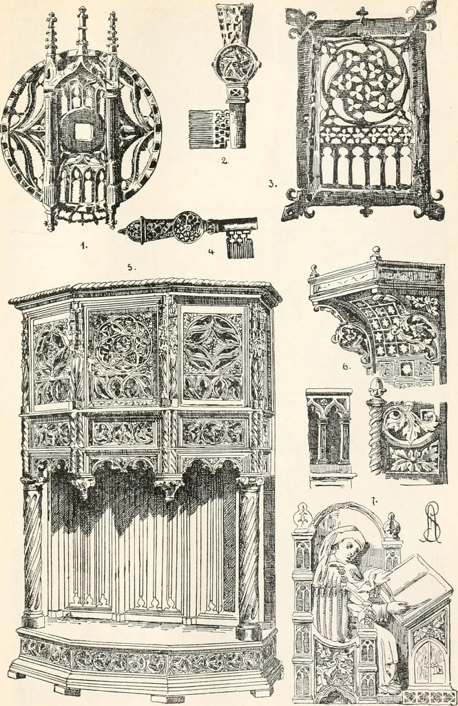 An illustration from Styles of ornament, exhibited in designs, and arranged in historical order, with descriptive text. A handbook for architects, designers, painters, sculptors, wood-carvers, chasers, modellers, cabinet-makers and artistic locksmiths as well as also for technical schools, libraries and private study, 1910, leaf 314