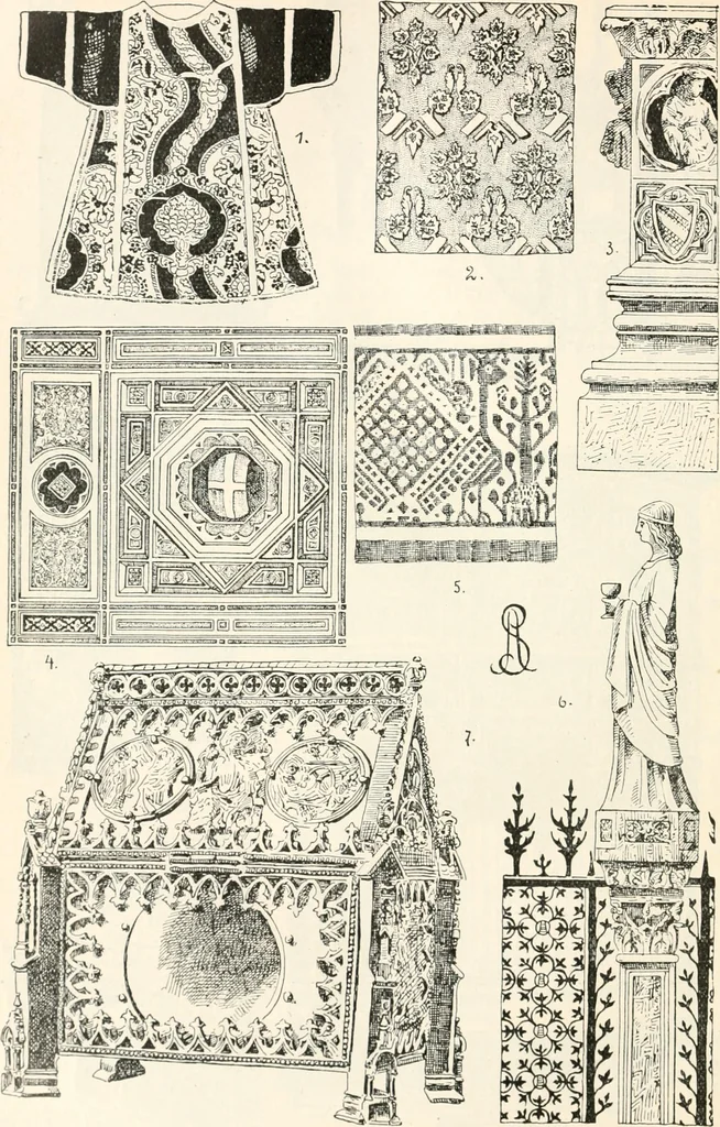 An illustration from Styles of ornament, exhibited in designs, and arranged in historical order, with descriptive text. A handbook for architects, designers, painters, sculptors, wood-carvers, chasers, modellers, cabinet-makers and artistic locksmiths as well as also for technical schools, libraries and private study, 1910, leaf 315