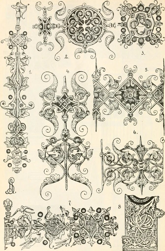 An illustration from Styles of ornament, exhibited in designs, and arranged in historical order, with descriptive text. A handbook for architects, designers, painters, sculptors, wood-carvers, chasers, modellers, cabinet-makers and artistic locksmiths as well as also for technical schools, libraries and private study, 1910, leaf 317