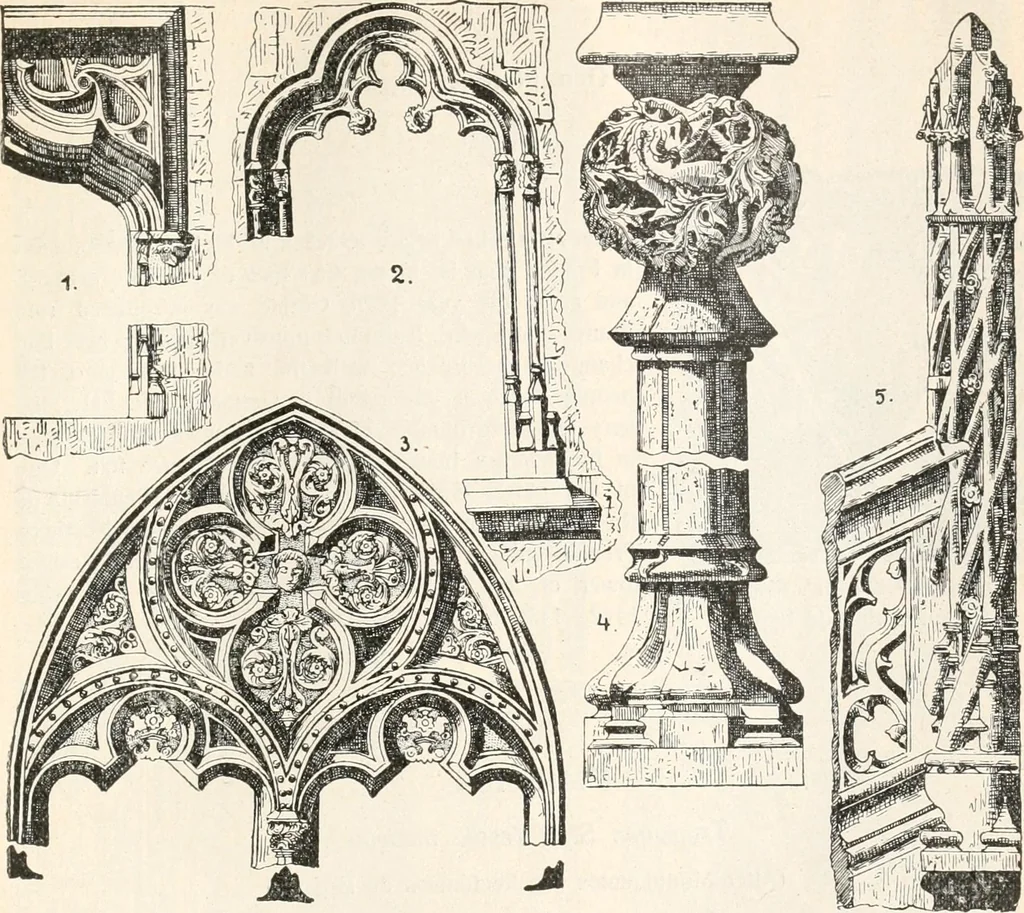 An illustration from Styles of ornament, exhibited in designs, and arranged in historical order, with descriptive text. A handbook for architects, designers, painters, sculptors, wood-carvers, chasers, modellers, cabinet-makers and artistic locksmiths as well as also for technical schools, libraries and private study, 1910, leaf 320