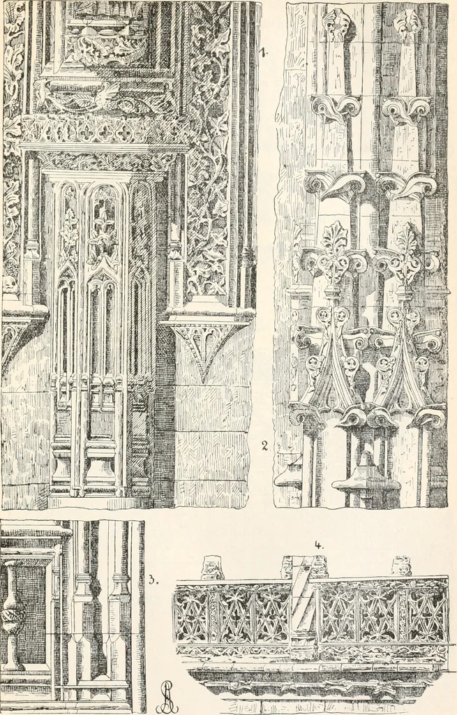 An illustration from Styles of ornament, exhibited in designs, and arranged in historical order, with descriptive text. A handbook for architects, designers, painters, sculptors, wood-carvers, chasers, modellers, cabinet-makers and artistic locksmiths as well as also for technical schools, libraries and private study, 1910, leaf 322