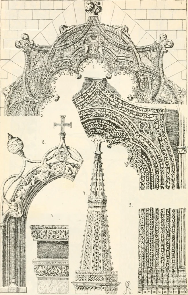 An illustration from Styles of ornament, exhibited in designs, and arranged in historical order, with descriptive text. A handbook for architects, designers, painters, sculptors, wood-carvers, chasers, modellers, cabinet-makers and artistic locksmiths as well as also for technical schools, libraries and private study, 1910, leaf 325