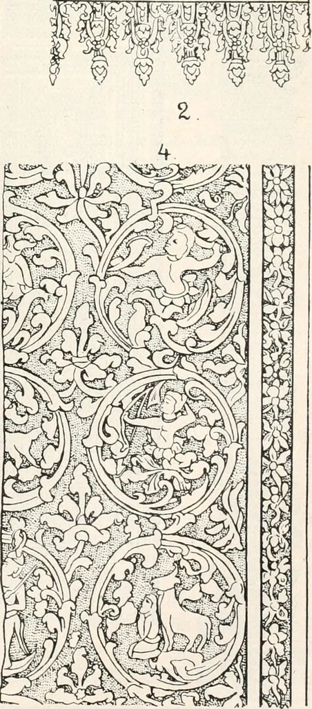 An illustration from Styles of ornament, exhibited in designs, and arranged in historical order, with descriptive text. A handbook for architects, designers, painters, sculptors, wood-carvers, chasers, modellers, cabinet-makers and artistic locksmiths as well as also for technical schools, libraries and private study, 1910, leaf 336