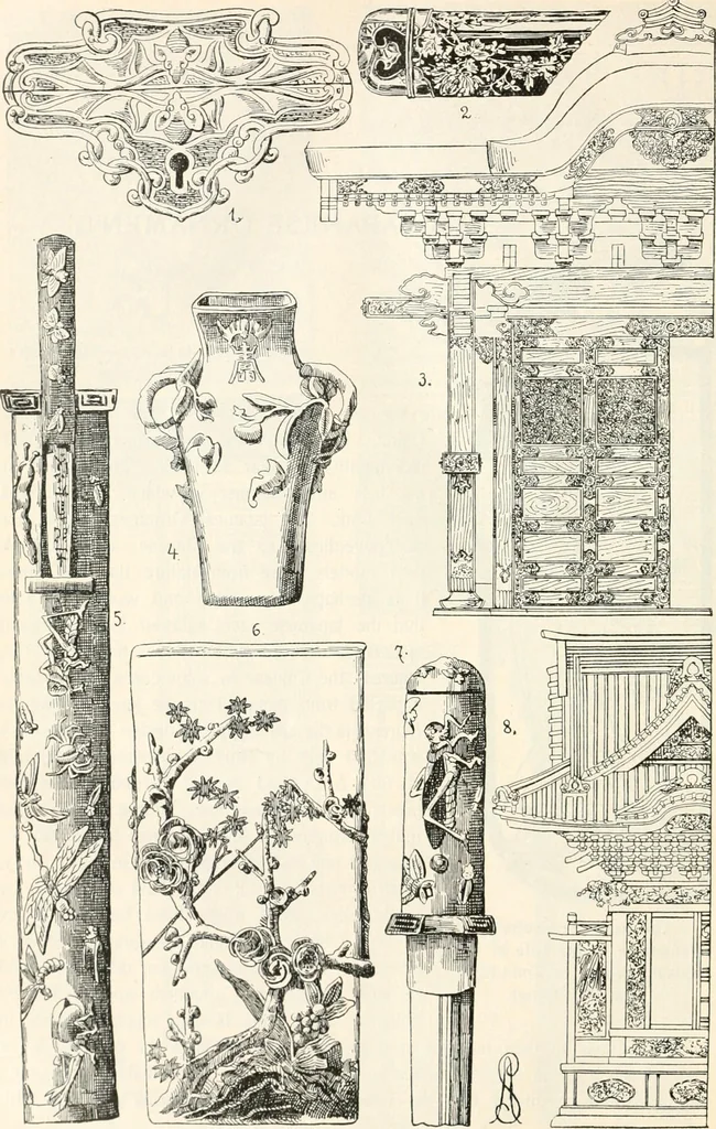 An illustration from Styles of ornament, exhibited in designs, and arranged in historical order, with descriptive text. A handbook for architects, designers, painters, sculptors, wood-carvers, chasers, modellers, cabinet-makers and artistic locksmiths as well as also for technical schools, libraries and private study, 1910, leaf 339