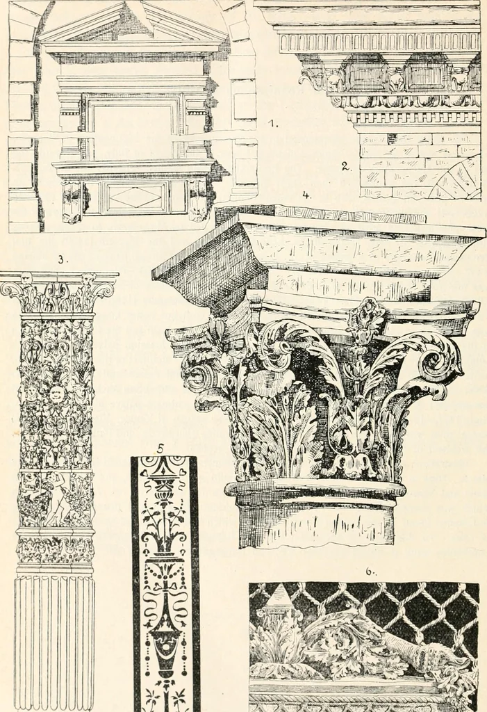 An illustration from Styles of ornament, exhibited in designs, and arranged in historical order, with descriptive text. A handbook for architects, designers, painters, sculptors, wood-carvers, chasers, modellers, cabinet-makers and artistic locksmiths as well as also for technical schools, libraries and private study, 1910, leaf 353