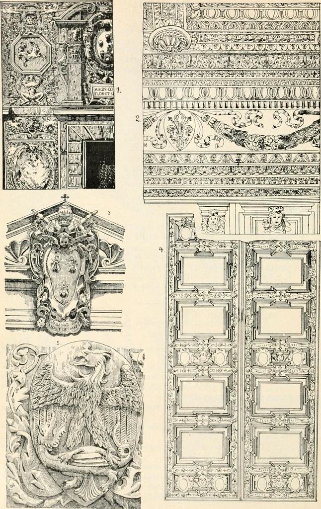 An illustration from Styles of ornament, exhibited in designs, and arranged in historical order, with descriptive text. A handbook for architects, designers, painters, sculptors, wood-carvers, chasers, modellers, cabinet-makers and artistic locksmiths as well as also for technical schools, libraries and private study, 1910, leaf 355