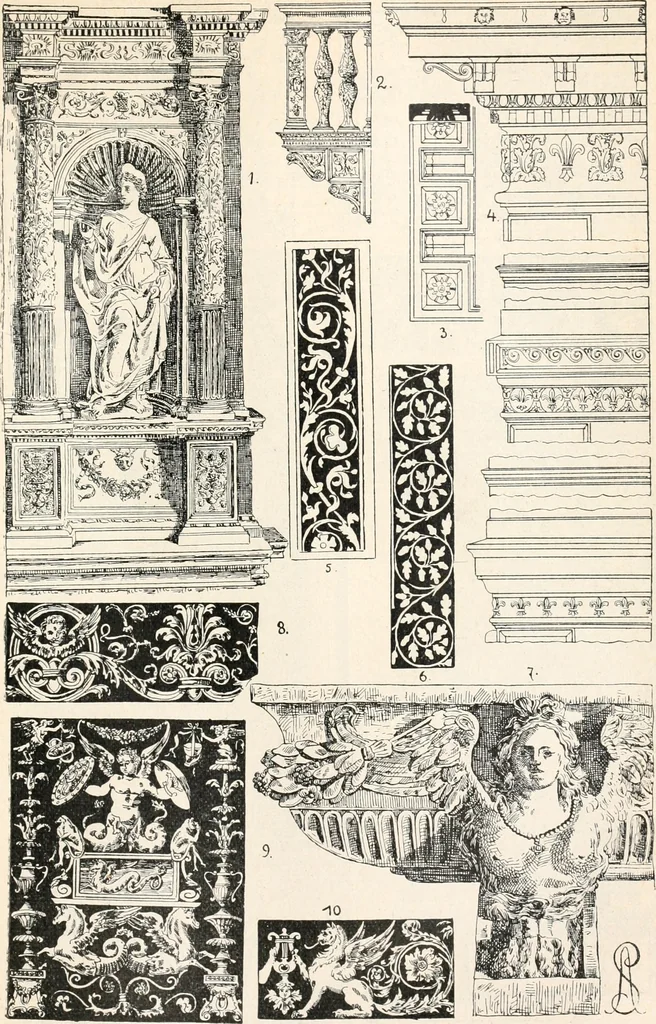 An illustration from Styles of ornament, exhibited in designs, and arranged in historical order, with descriptive text. A handbook for architects, designers, painters, sculptors, wood-carvers, chasers, modellers, cabinet-makers and artistic locksmiths as well as also for technical schools, libraries and private study, 1910, leaf 356