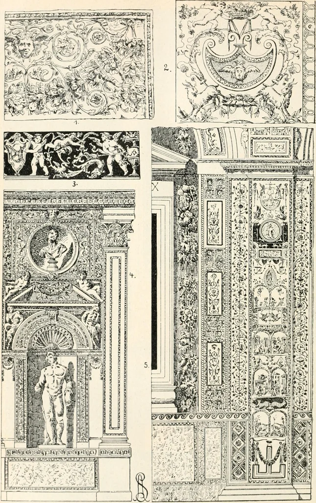 An illustration from Styles of ornament, exhibited in designs, and arranged in historical order, with descriptive text. A handbook for architects, designers, painters, sculptors, wood-carvers, chasers, modellers, cabinet-makers and artistic locksmiths as well as also for technical schools, libraries and private study, 1910, leaf 357