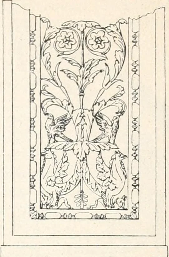 An illustration from Styles of ornament, exhibited in designs, and arranged in historical order, with descriptive text. A handbook for architects, designers, painters, sculptors, wood-carvers, chasers, modellers, cabinet-makers and artistic locksmiths as well as also for technical schools, libraries and private study, 1910, leaf 358
