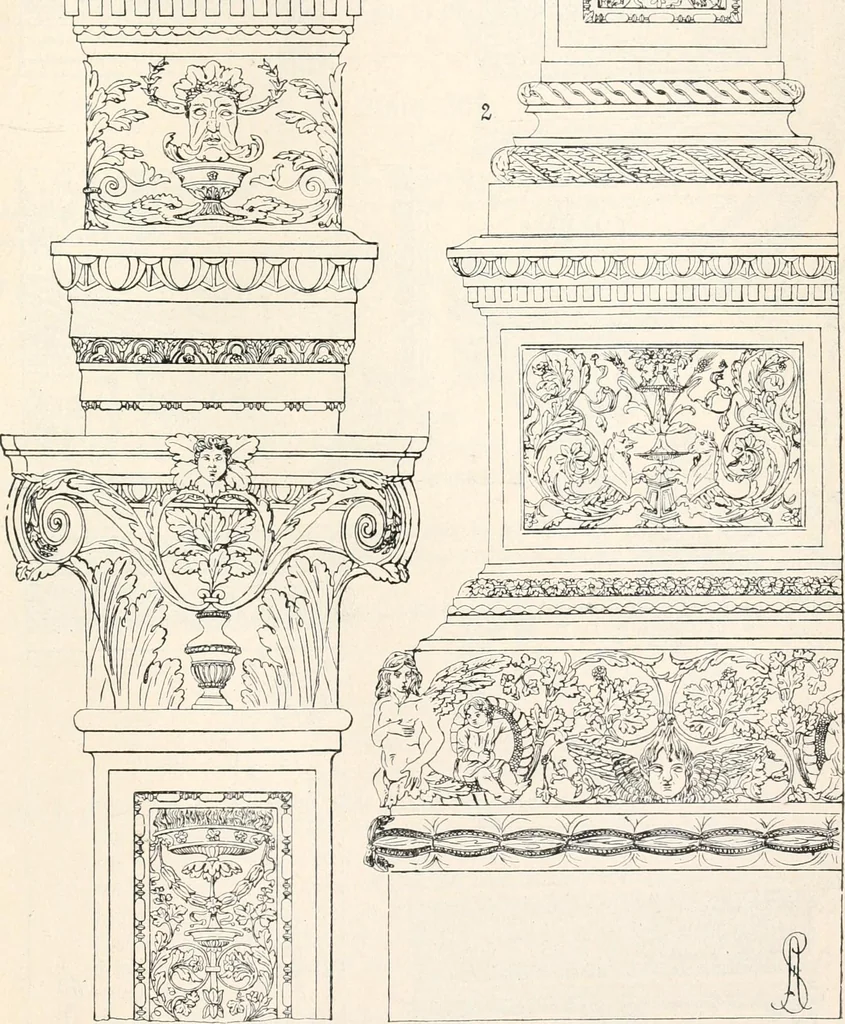 An illustration from Styles of ornament, exhibited in designs, and arranged in historical order, with descriptive text. A handbook for architects, designers, painters, sculptors, wood-carvers, chasers, modellers, cabinet-makers and artistic locksmiths as well as also for technical schools, libraries and private study, 1910, leaf 358