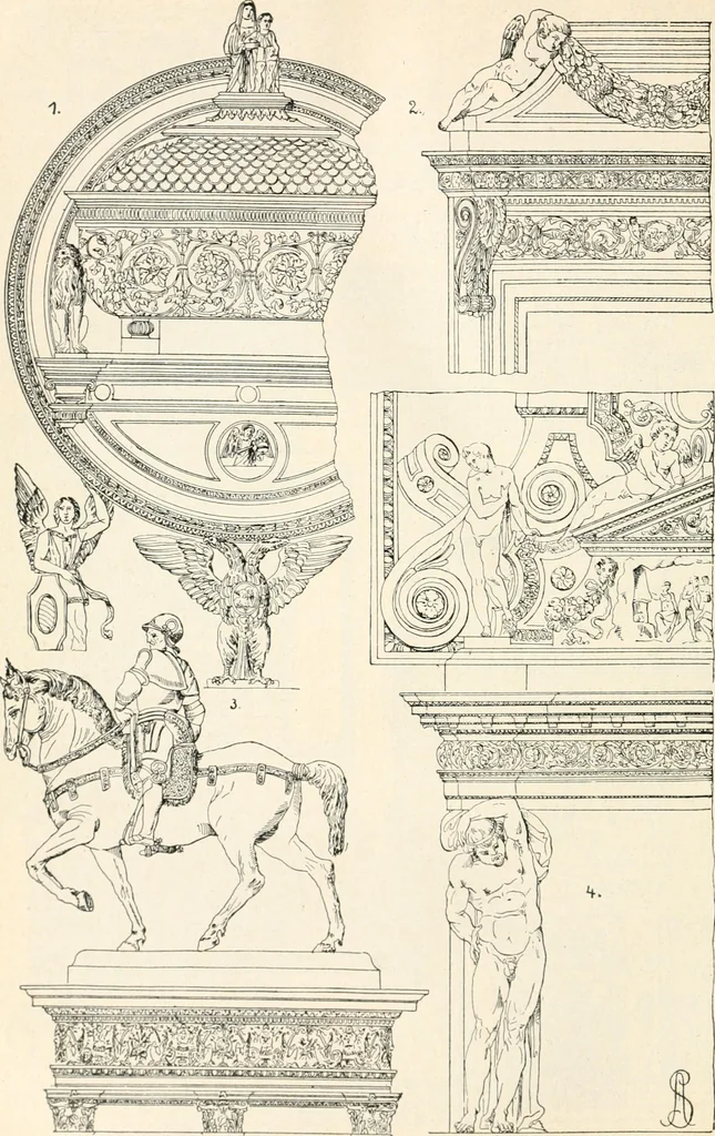 An illustration from Styles of ornament, exhibited in designs, and arranged in historical order, with descriptive text. A handbook for architects, designers, painters, sculptors, wood-carvers, chasers, modellers, cabinet-makers and artistic locksmiths as well as also for technical schools, libraries and private study, 1910, leaf 359