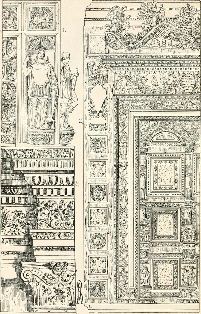 An illustration from Styles of ornament, exhibited in designs, and arranged in historical order, with descriptive text. A handbook for architects, designers, painters, sculptors, wood-carvers, chasers, modellers, cabinet-makers and artistic locksmiths as well as also for technical schools, libraries and private study, 1910, leaf 361