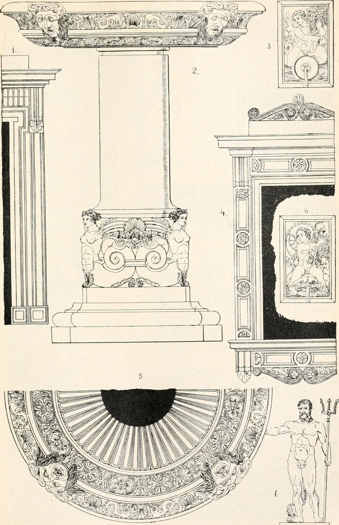 An illustration from Styles of ornament, exhibited in designs, and arranged in historical order, with descriptive text. A handbook for architects, designers, painters, sculptors, wood-carvers, chasers, modellers, cabinet-makers and artistic locksmiths as well as also for technical schools, libraries and private study, 1910, leaf 362