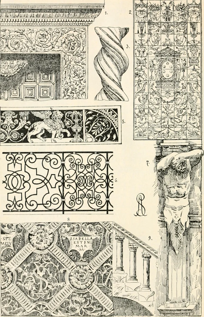 An illustration from Styles of ornament, exhibited in designs, and arranged in historical order, with descriptive text. A handbook for architects, designers, painters, sculptors, wood-carvers, chasers, modellers, cabinet-makers and artistic locksmiths as well as also for technical schools, libraries and private study, 1910, leaf 363