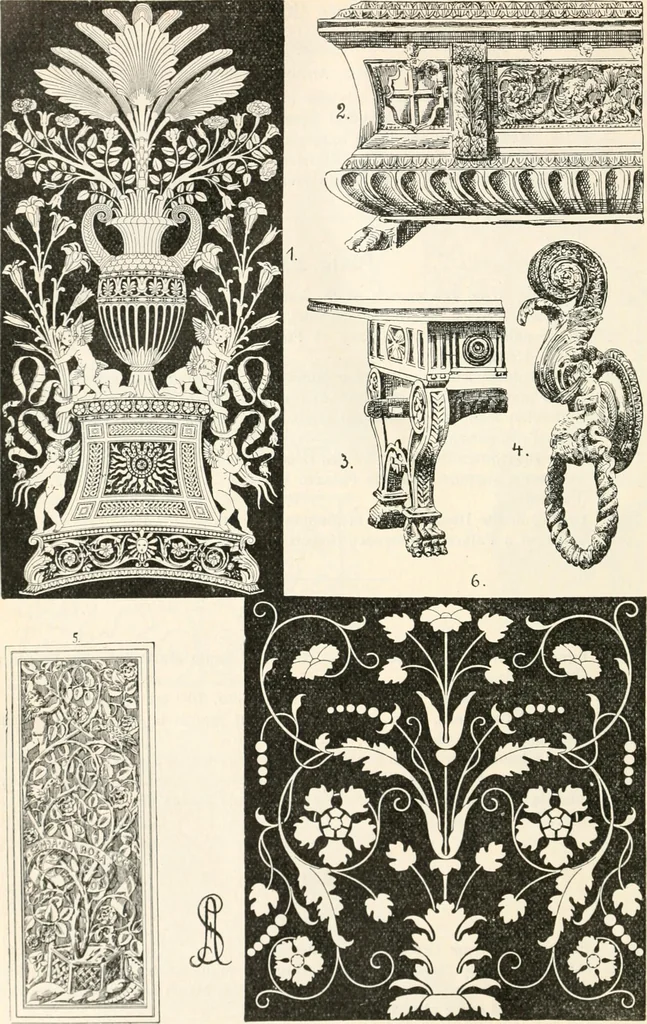 An illustration from Styles of ornament, exhibited in designs, and arranged in historical order, with descriptive text. A handbook for architects, designers, painters, sculptors, wood-carvers, chasers, modellers, cabinet-makers and artistic locksmiths as well as also for technical schools, libraries and private study, 1910, leaf 365