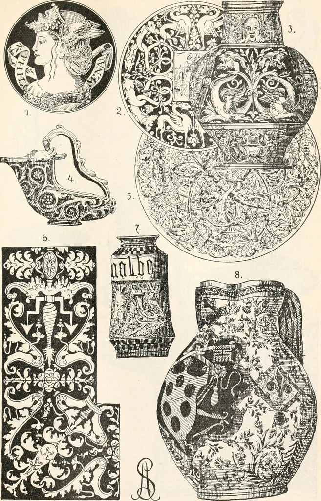 An illustration from Styles of ornament, exhibited in designs, and arranged in historical order, with descriptive text. A handbook for architects, designers, painters, sculptors, wood-carvers, chasers, modellers, cabinet-makers and artistic locksmiths as well as also for technical schools, libraries and private study, 1910, leaf 366