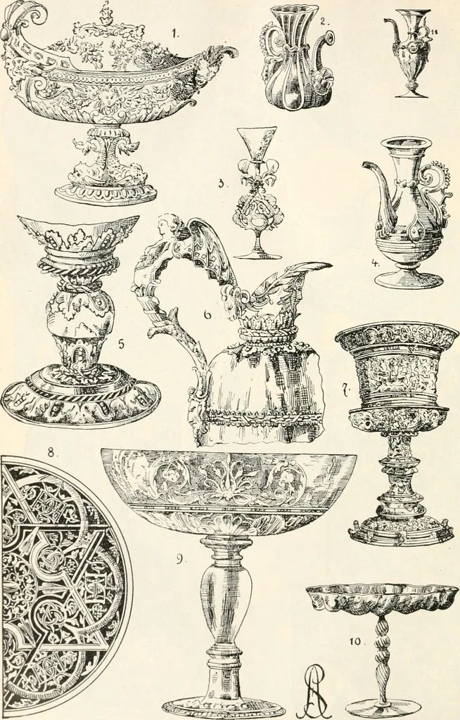 An illustration from Styles of ornament, exhibited in designs, and arranged in historical order, with descriptive text. A handbook for architects, designers, painters, sculptors, wood-carvers, chasers, modellers, cabinet-makers and artistic locksmiths as well as also for technical schools, libraries and private study, 1910, leaf 367