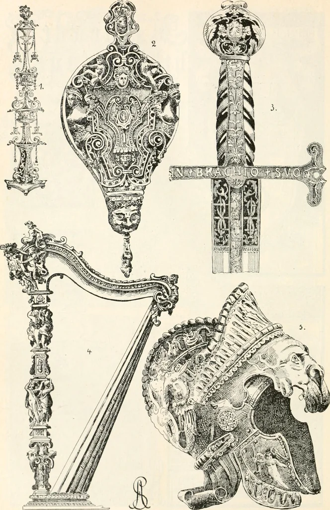 An illustration from Styles of ornament, exhibited in designs, and arranged in historical order, with descriptive text. A handbook for architects, designers, painters, sculptors, wood-carvers, chasers, modellers, cabinet-makers and artistic locksmiths as well as also for technical schools, libraries and private study, 1910, leaf 371