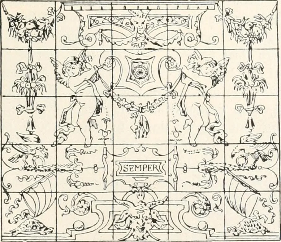 An illustration from Styles of ornament, exhibited in designs, and arranged in historical order, with descriptive text. A handbook for architects, designers, painters, sculptors, wood-carvers, chasers, modellers, cabinet-makers and artistic locksmiths as well as also for technical schools, libraries and private study, 1910, leaf 372
