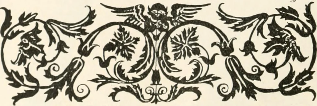 An illustration from Styles of ornament, exhibited in designs, and arranged in historical order, with descriptive text. A handbook for architects, designers, painters, sculptors, wood-carvers, chasers, modellers, cabinet-makers and artistic locksmiths as well as also for technical schools, libraries and private study, 1910, leaf 373