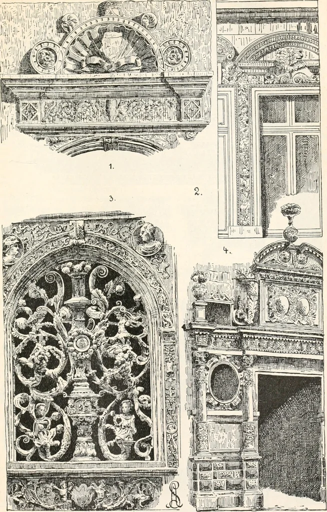 An illustration from Styles of ornament, exhibited in designs, and arranged in historical order, with descriptive text. A handbook for architects, designers, painters, sculptors, wood-carvers, chasers, modellers, cabinet-makers and artistic locksmiths as well as also for technical schools, libraries and private study, 1910, leaf 374
