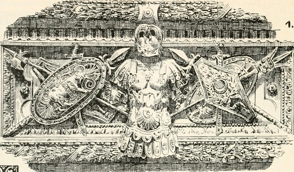 An illustration from Styles of ornament, exhibited in designs, and arranged in historical order, with descriptive text. A handbook for architects, designers, painters, sculptors, wood-carvers, chasers, modellers, cabinet-makers and artistic locksmiths as well as also for technical schools, libraries and private study, 1910, leaf 375