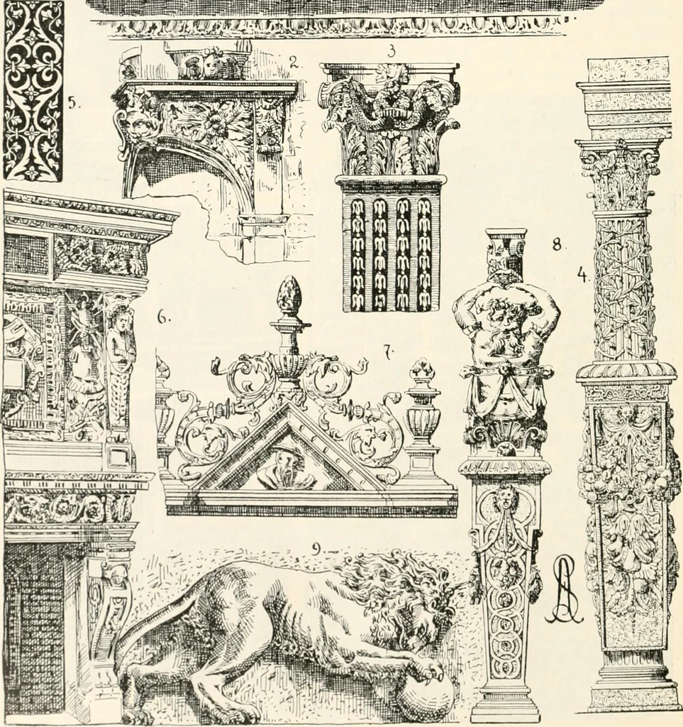 An illustration from Styles of ornament, exhibited in designs, and arranged in historical order, with descriptive text. A handbook for architects, designers, painters, sculptors, wood-carvers, chasers, modellers, cabinet-makers and artistic locksmiths as well as also for technical schools, libraries and private study, 1910, leaf 375