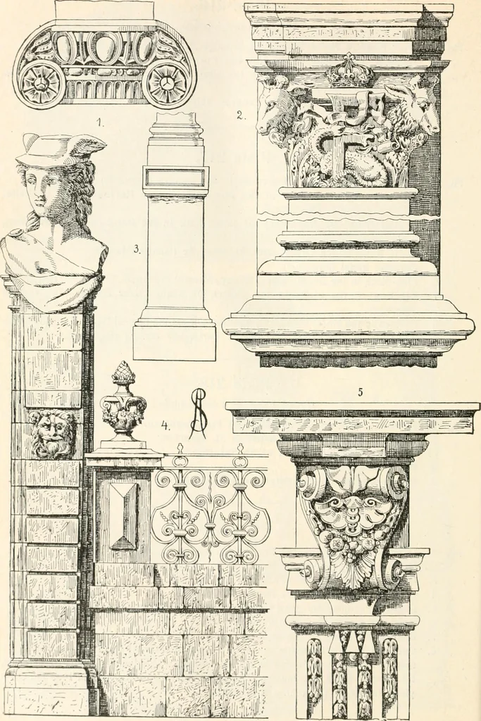 An illustration from Styles of ornament, exhibited in designs, and arranged in historical order, with descriptive text. A handbook for architects, designers, painters, sculptors, wood-carvers, chasers, modellers, cabinet-makers and artistic locksmiths as well as also for technical schools, libraries and private study, 1910, leaf 377