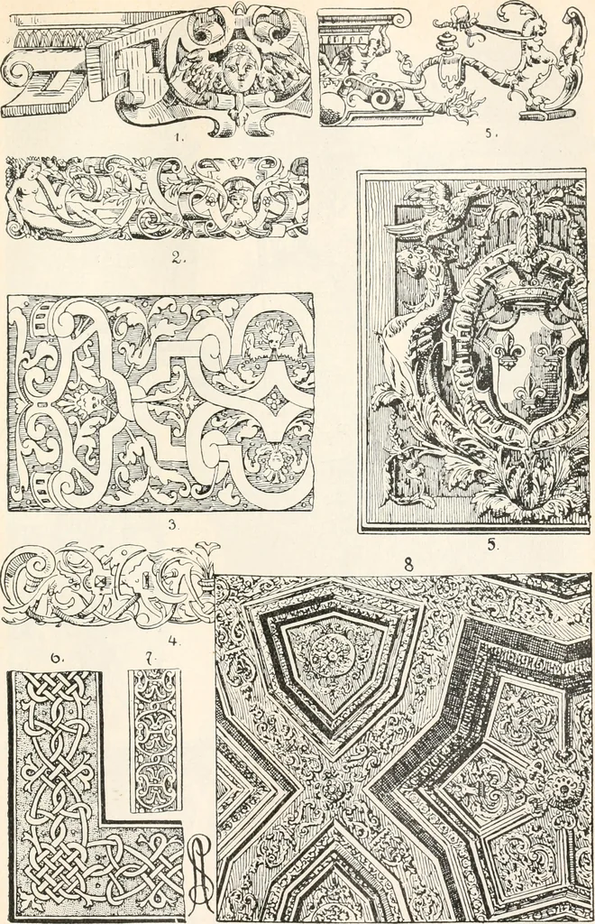 An illustration from Styles of ornament, exhibited in designs, and arranged in historical order, with descriptive text. A handbook for architects, designers, painters, sculptors, wood-carvers, chasers, modellers, cabinet-makers and artistic locksmiths as well as also for technical schools, libraries and private study, 1910, leaf 378