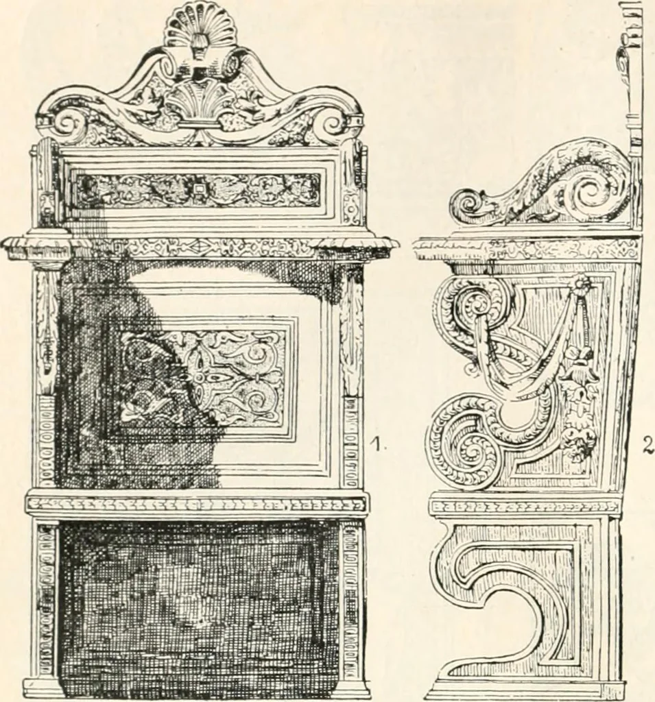 An illustration from Styles of ornament, exhibited in designs, and arranged in historical order, with descriptive text. A handbook for architects, designers, painters, sculptors, wood-carvers, chasers, modellers, cabinet-makers and artistic locksmiths as well as also for technical schools, libraries and private study, 1910, leaf 379