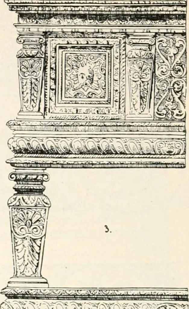 An illustration from Styles of ornament, exhibited in designs, and arranged in historical order, with descriptive text. A handbook for architects, designers, painters, sculptors, wood-carvers, chasers, modellers, cabinet-makers and artistic locksmiths as well as also for technical schools, libraries and private study, 1910, leaf 379