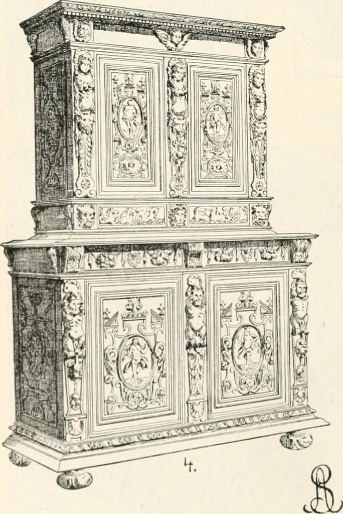 An illustration from Styles of ornament, exhibited in designs, and arranged in historical order, with descriptive text. A handbook for architects, designers, painters, sculptors, wood-carvers, chasers, modellers, cabinet-makers and artistic locksmiths as well as also for technical schools, libraries and private study, 1910, leaf 379