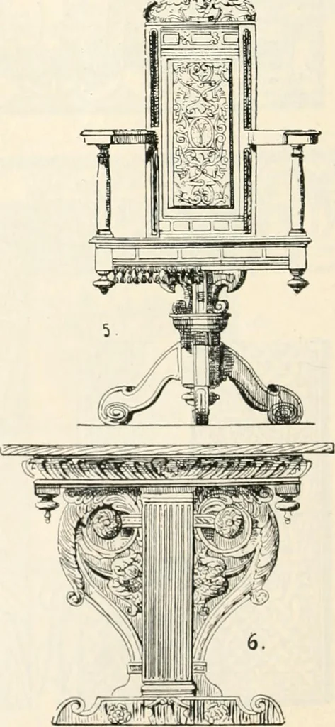 An illustration from Styles of ornament, exhibited in designs, and arranged in historical order, with descriptive text. A handbook for architects, designers, painters, sculptors, wood-carvers, chasers, modellers, cabinet-makers and artistic locksmiths as well as also for technical schools, libraries and private study, 1910, leaf 379