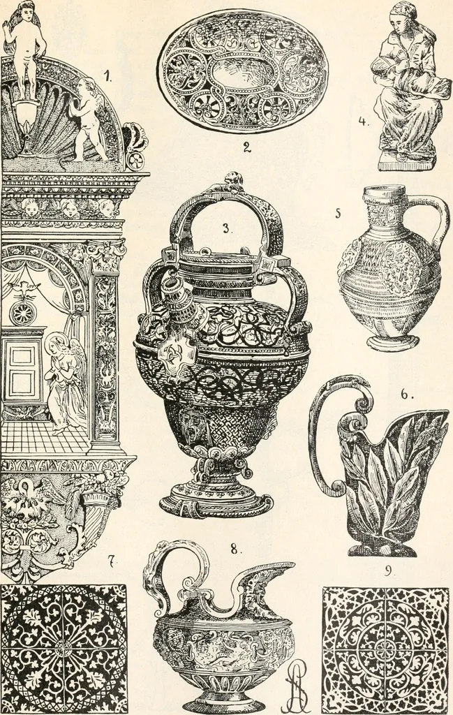 An illustration from Styles of ornament, exhibited in designs, and arranged in historical order, with descriptive text. A handbook for architects, designers, painters, sculptors, wood-carvers, chasers, modellers, cabinet-makers and artistic locksmiths as well as also for technical schools, libraries and private study, 1910, leaf 380