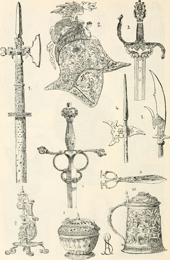 An illustration from Styles of ornament, exhibited in designs, and arranged in historical order, with descriptive text. A handbook for architects, designers, painters, sculptors, wood-carvers, chasers, modellers, cabinet-makers and artistic locksmiths as well as also for technical schools, libraries and private study, 1910, leaf 381