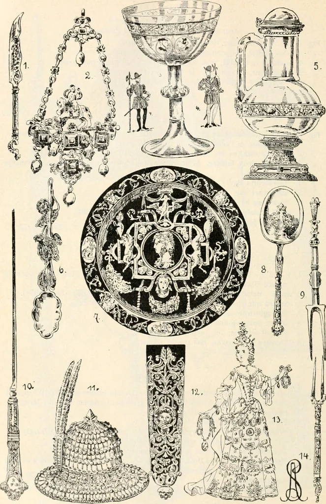 An illustration from Styles of ornament, exhibited in designs, and arranged in historical order, with descriptive text. A handbook for architects, designers, painters, sculptors, wood-carvers, chasers, modellers, cabinet-makers and artistic locksmiths as well as also for technical schools, libraries and private study, 1910, leaf 383