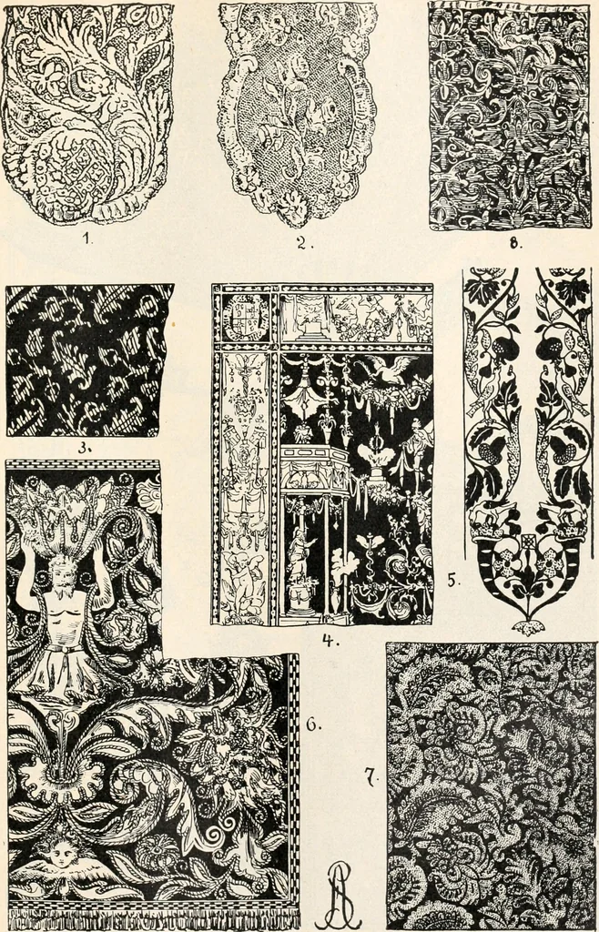 An illustration from Styles of ornament, exhibited in designs, and arranged in historical order, with descriptive text. A handbook for architects, designers, painters, sculptors, wood-carvers, chasers, modellers, cabinet-makers and artistic locksmiths as well as also for technical schools, libraries and private study, 1910, leaf 384