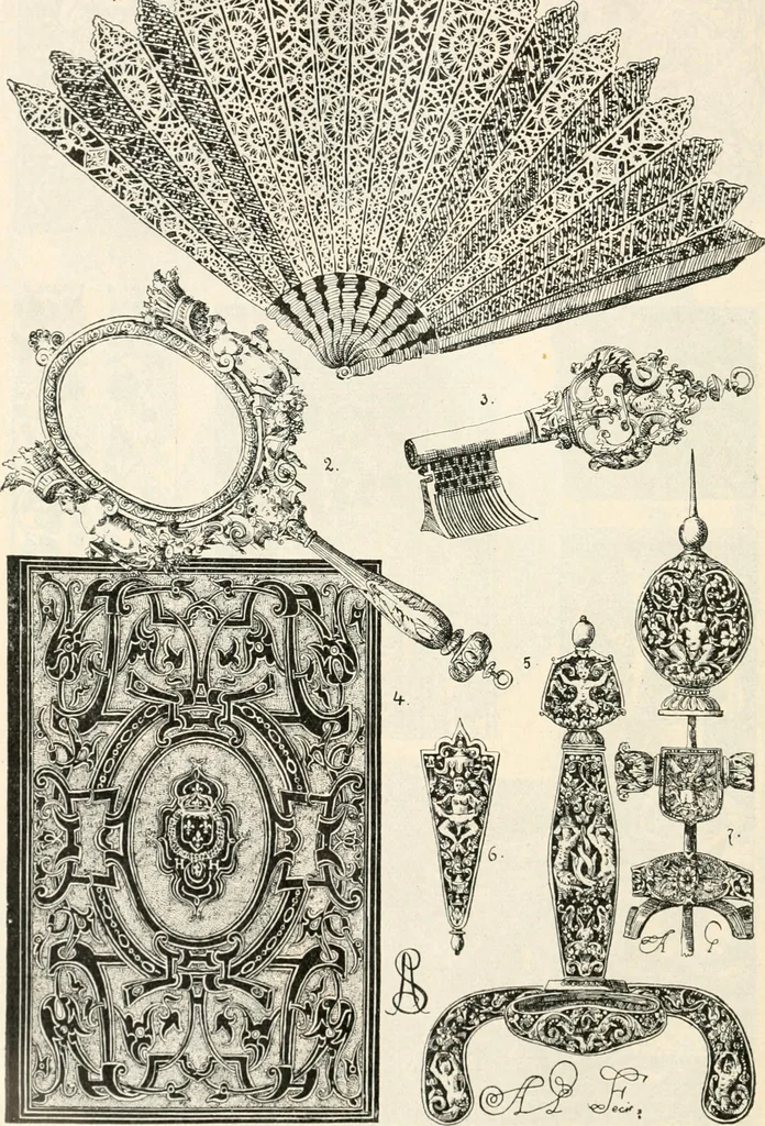 An illustration from Styles of ornament, exhibited in designs, and arranged in historical order, with descriptive text. A handbook for architects, designers, painters, sculptors, wood-carvers, chasers, modellers, cabinet-makers and artistic locksmiths as well as also for technical schools, libraries and private study, 1910, leaf 385